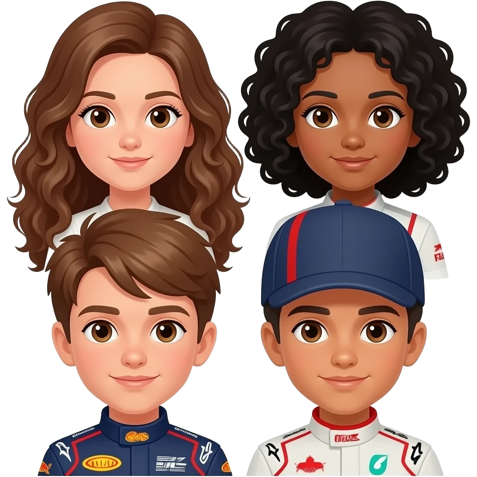 Creame una imagen donde se véan a una chica con el pelo largo rizado marron con los ojos marro es, otra chica con el pelo rizado negro con ojos marrones, dos chico con el pelo marrón y ojos marrones viendo la Fórmula 1 emoji