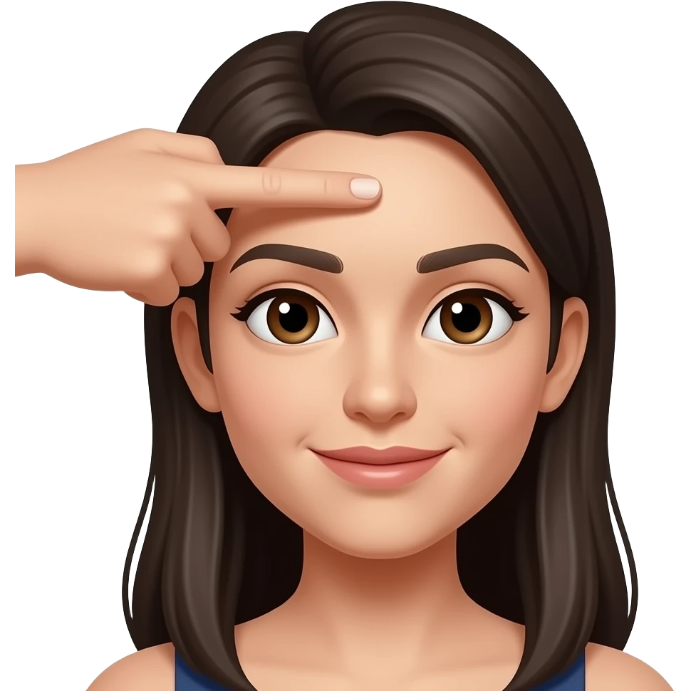 woman making L fingers on center forehead with thumb and index finger with long dark hair and brown eyes emoji