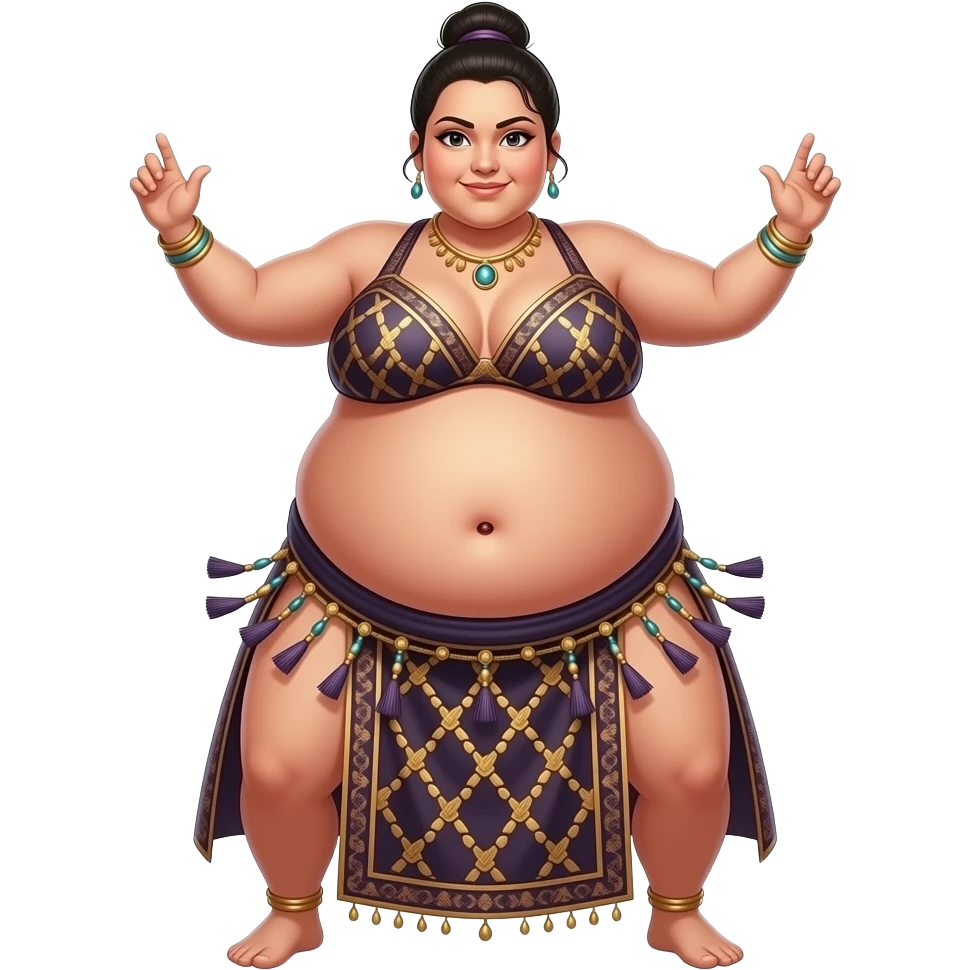 A female sumo warrior belly dancer,with a morbid obese midsection,her bellybutton peeps,her massive belly is bulging from being stuffed to the max after a luncheon buffet,She dances then her bouncy big tummy steals the spotlight. emoji