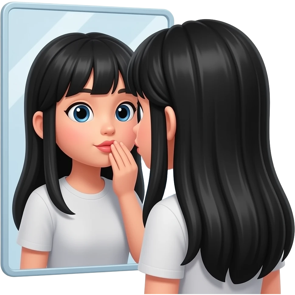 Девушка с длинными черными волосами, целует свое отражение в зеркале emoji