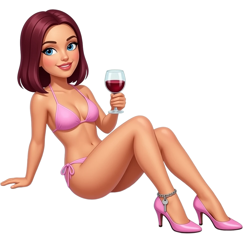 woman. burgundy, straight shoulder-length hair, sunbathing by pool, baby pink bikini and high stiletto heels. Ankle chain with small key dangling from it. Holding glass of red wine in one hand and a sign in the other that says "Your keys belong around my ankle". emoji