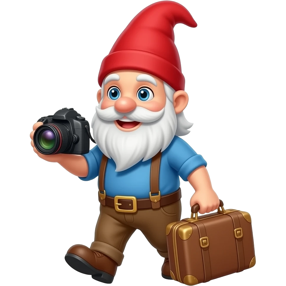 A smiling traveling Gnome with a camera, carrying a suitcase, wearing brown pants has a white beard , blue eye, blue shirt and a red pointed hair emoji