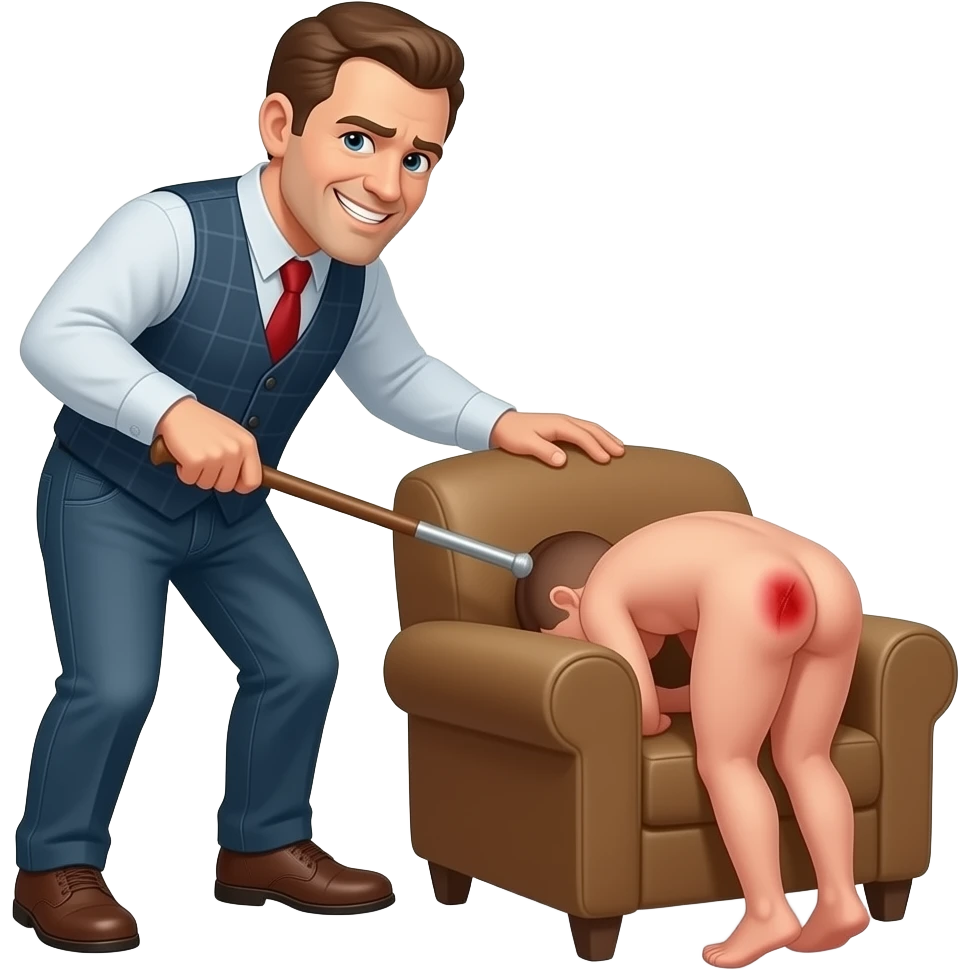 A cruelly smiling clothed man with a thin cane beating the bottom of a small, crying, naked man bending over the back of a brown armchair, his head down on the seat of the chair, legs hanging down the back of the chair,buttocks up high over the back of the chair and his red buttocks very bruised. emoji