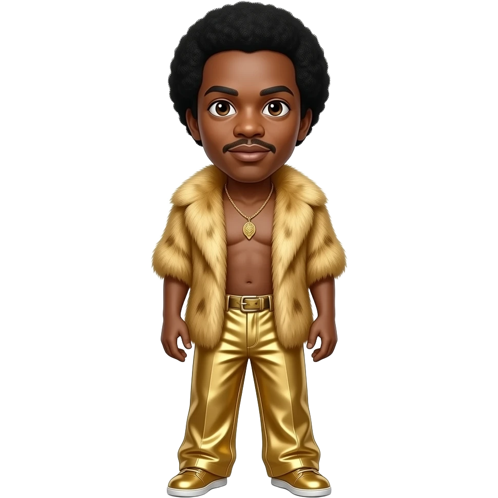James Brown with brown eyes, black conk hair, gold fur shawl, gold metallic baggy pants, shirtless with necklace emoji