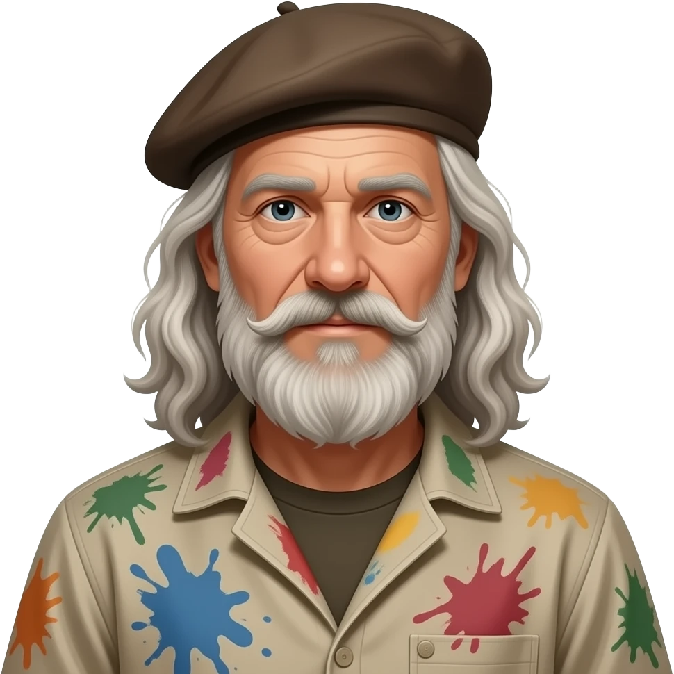 long hair old artist with beret paint-splattered smock emoji