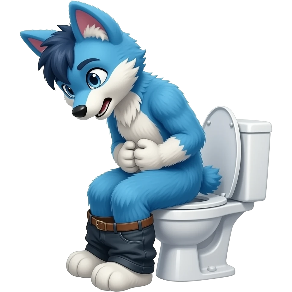 blue fursuit sitting on toilet, side view, pants down, hands on stomach, straining emoji