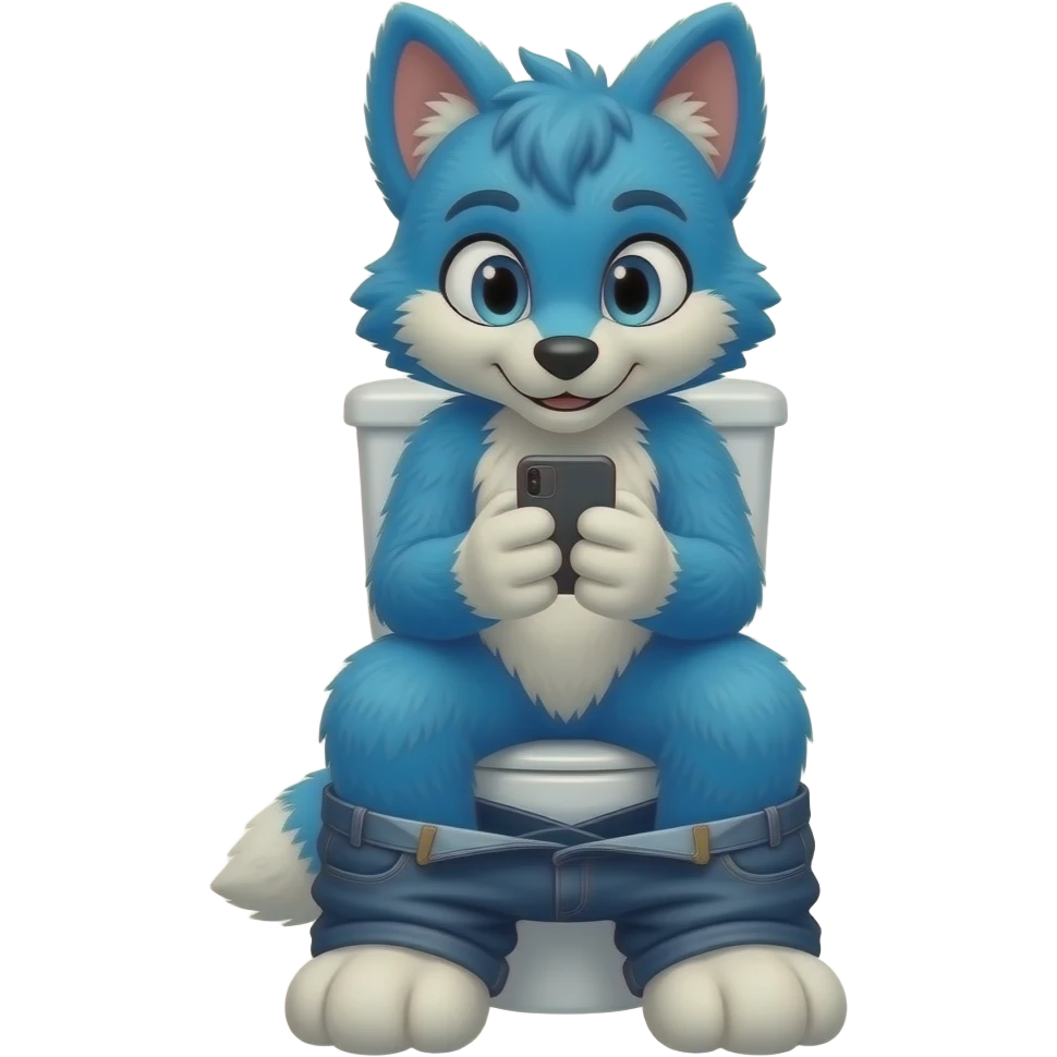 blue fursuit sitting on toilet, front view, pants down, legs together, looking down at phone emoji