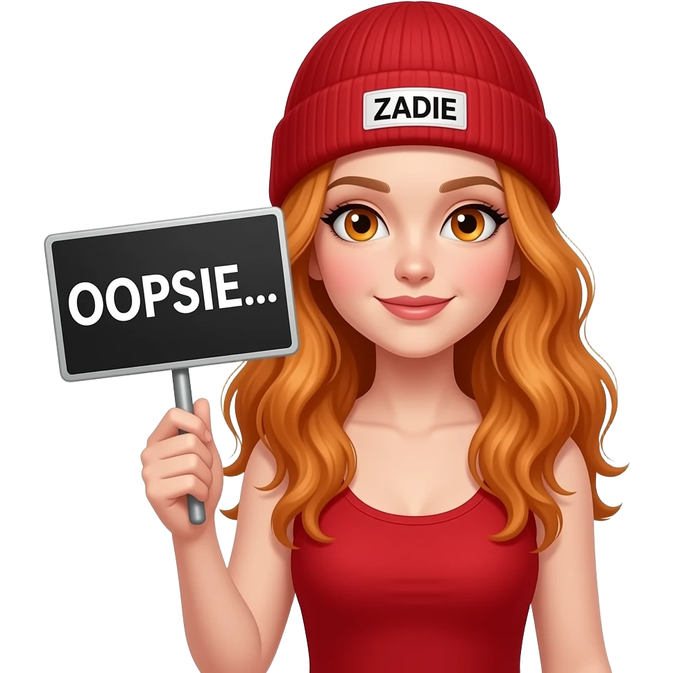 sexy girl with overlong wavy ginger hair and ginger eyes wearing a red tanktop and a red beanie with ZADIE written on it, is holding a black sign with OOPSIE... written on it emoji