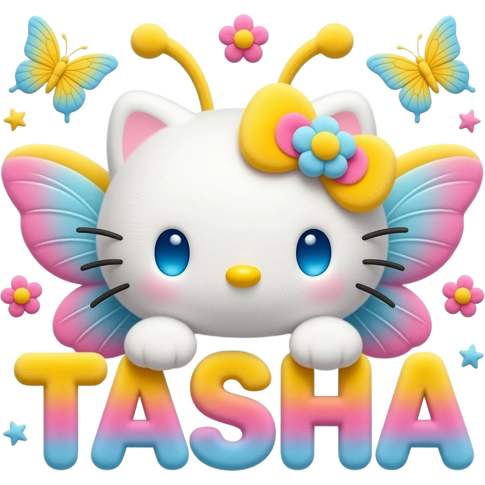 White velvety fur 3D hello kitty head with yellow pink blue gradient 3D ...