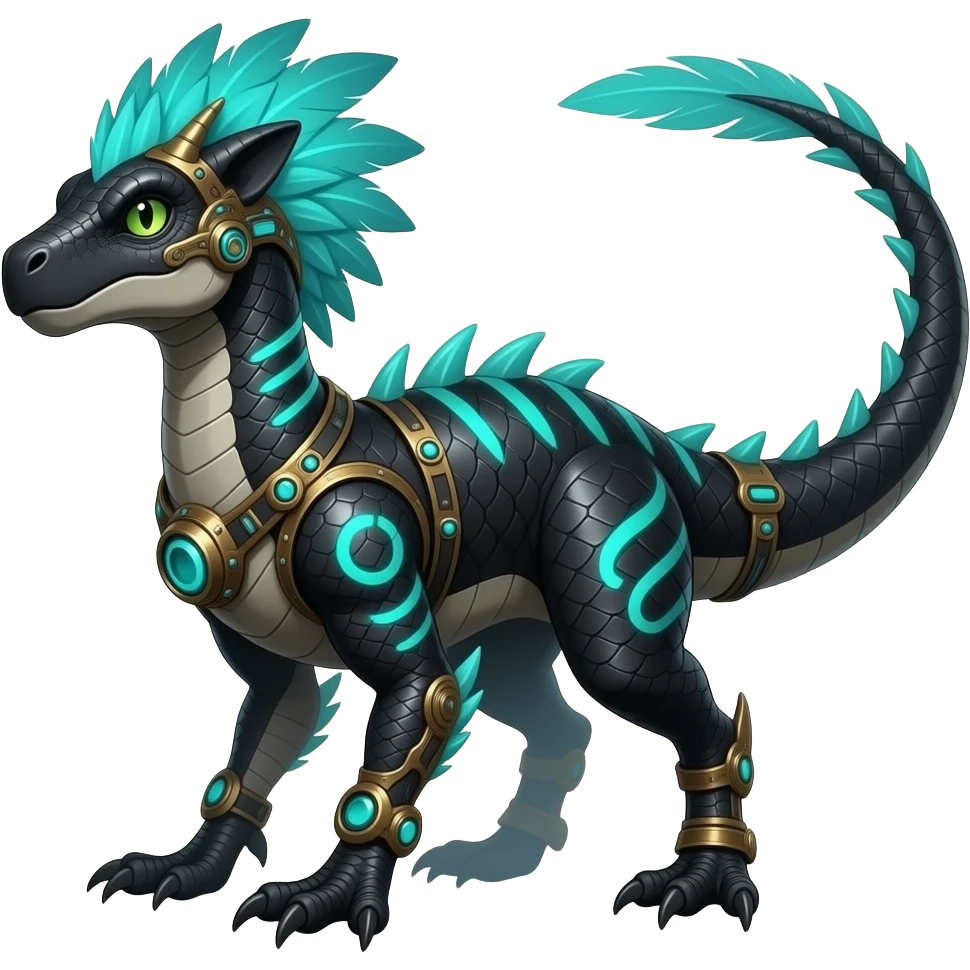 Cool edgy ancient black-scaled with neon-cyan stripe markings digitigrade bipedal vintage futuristic raptorik fantasy-Cyberpunk-Steampunk-Solarpunk-Genesect-Salamence-Cyclizar-Salazzle-Feraligatr-Fakémon-animal-hybrid, with neon feather-mane, and a tail blade, back spikes, full body emoji