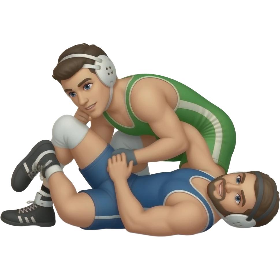Erstelle ein Bild von zwei Wrestler in kurzen, knappen und engen Wrestler-suits, die beiden haben unterschiedlich Farben an (Grün und blau) und sie ringen liegend miteinander auf dem Boden, der eine versucht den anderen mit seinen Körper auf den Boden zu drücken emoji