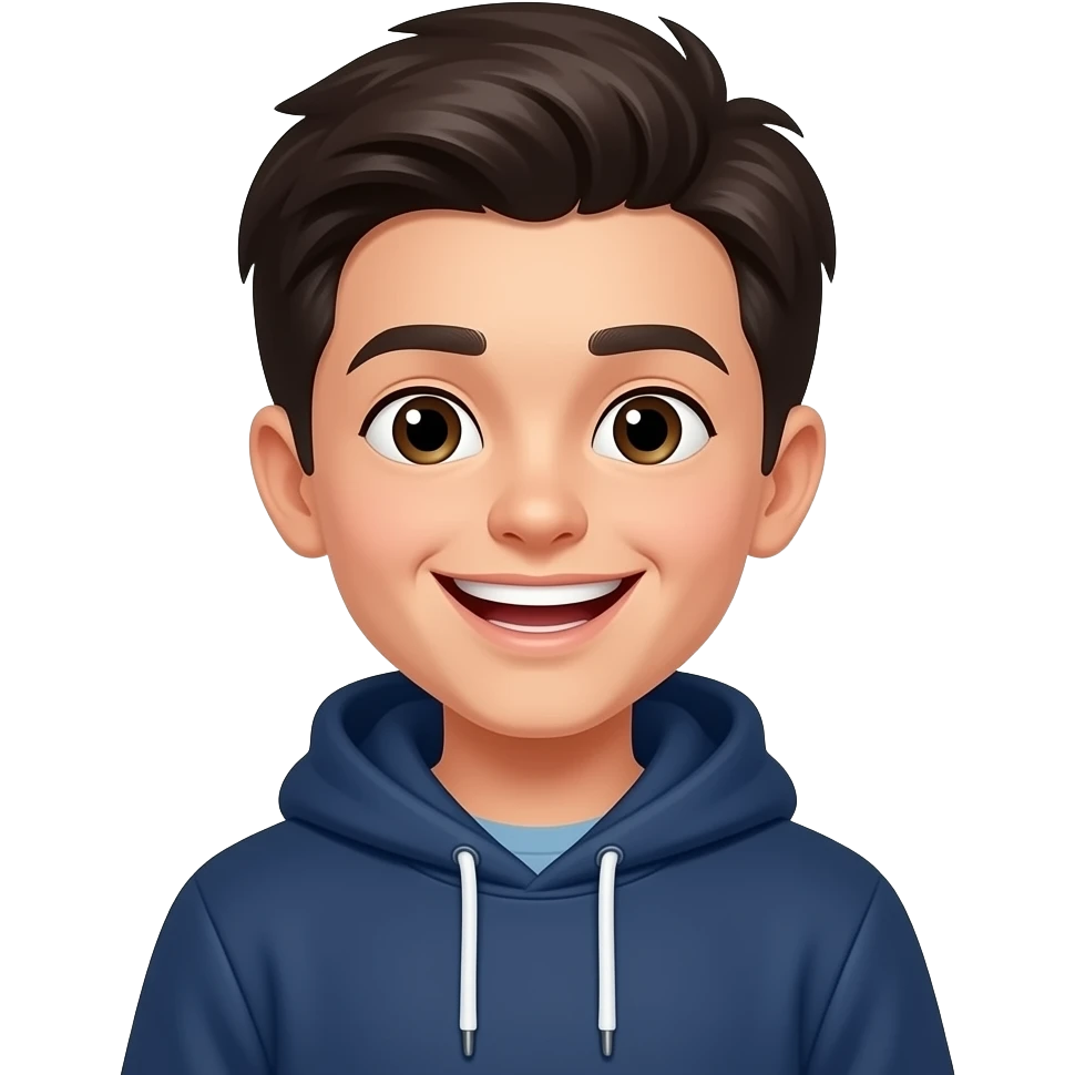 boy with dark hair smile widely wearing dark blue hoodie emoji