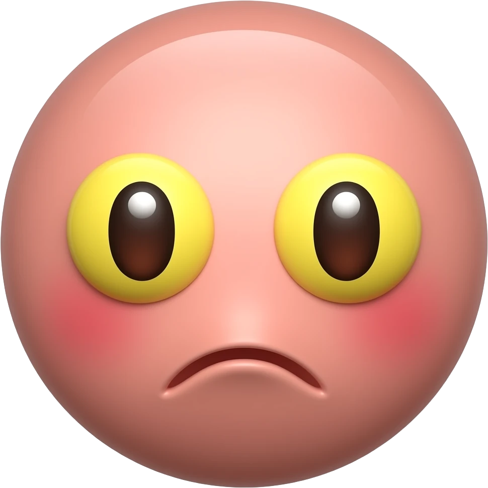 빨간 얼굴의 홍조를 하고 있는. 노란 눈알  갈색 동공의 귀여운 만화 입체적 이모티콘 emoji
