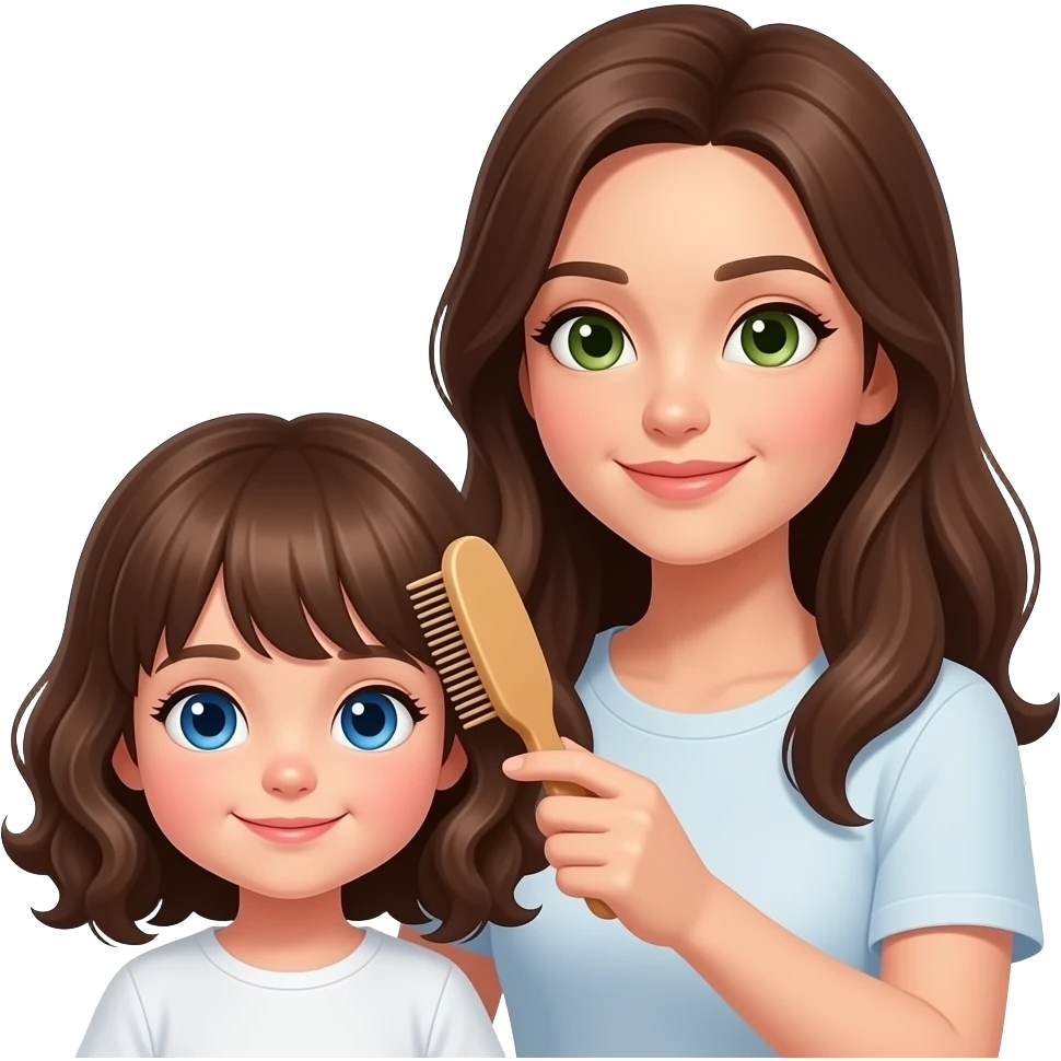 white kid blue eyes mid length hair to shoulders with bangs soft curly hair to shoulders in color: middle to little darker blond. With her mother, a mother white with hazel green eyes and level 7 hair brown hair long to her chest. brushes little girls hair emoji