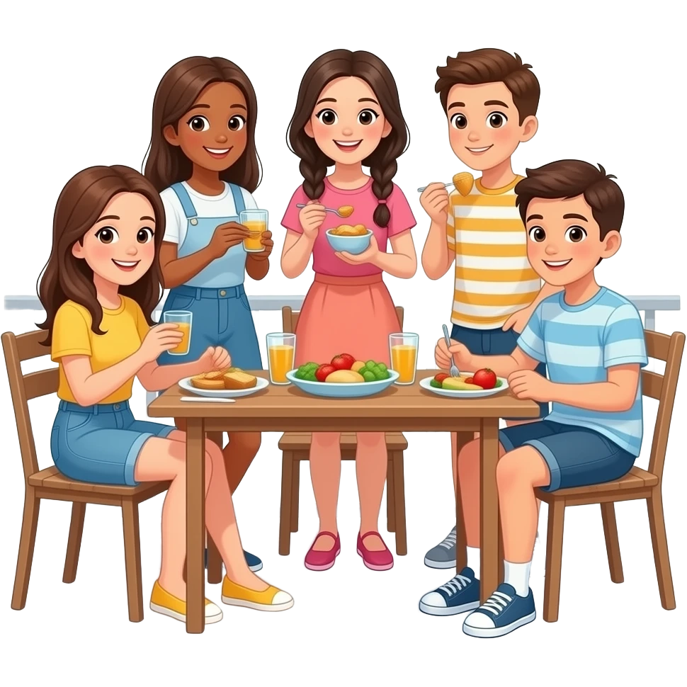 lunchtime with 3 girls and 2 boy on balcony outdoor emoji