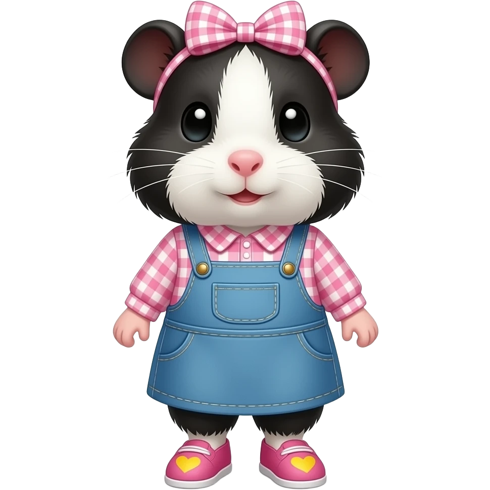 black and white guinea pig with pink long sleeve gingham shirt, jean dress, pink shoes with yellow hearts and a pink gingham bow tied in fur emoji
