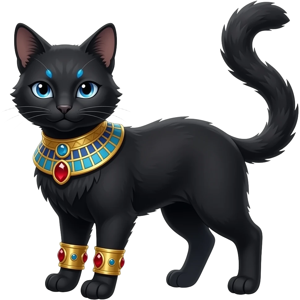 Realistic furry fuzzy Black godly overpowered ethereal majestic oriental ancient Lykoi-Caracal-Cat-Fakemon. With gold bangles, red rubies, Egyptian blue eye corner markings makeup, long thin tufted tail emoji