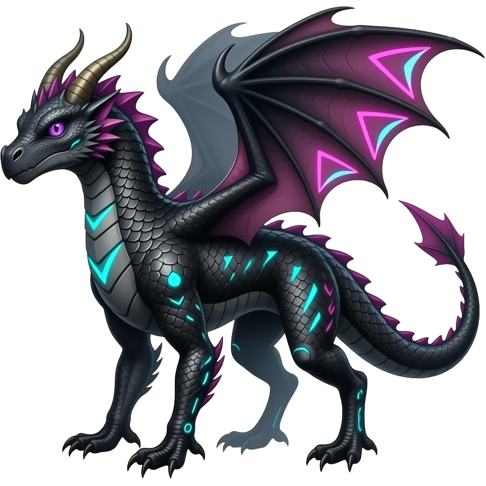 Cool edgy horned frilled black-scaled with neon-colored triangular stripe markings draconic raptorik digitigrade bipedal futuristic fantasy-Cyberpunk- emoji