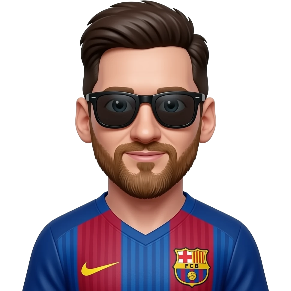 Messi-inspired 3D emoji, full Barcelona jersey, 2 identical black sunglasses side by side on the chest area. emoji