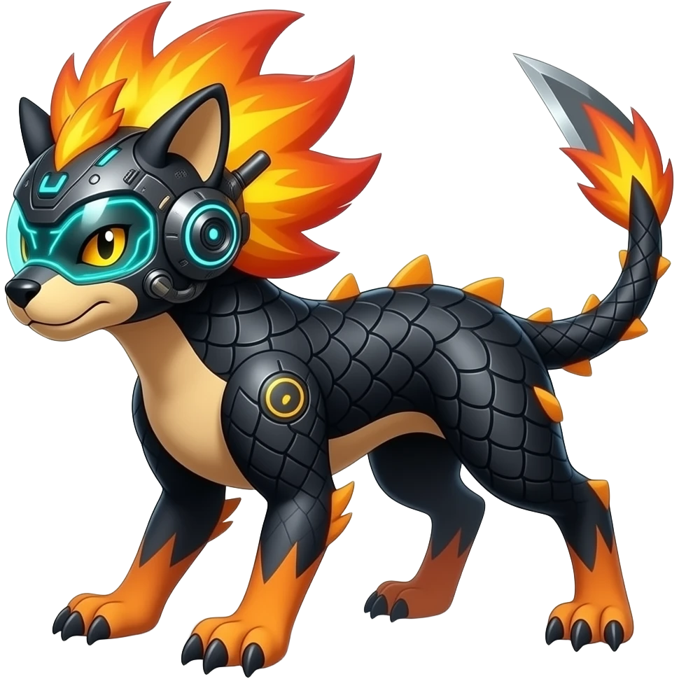 Cool edgy fiery bipedal furry cybernetic electrical visor-helmeted, Circuitry-patterned black-scaled digitigrade futuristic fantasy-Cyberpunk-Steampunk-Solarpunk-Genesect-Cyclizar-Salazzle-Protogen-Fakémon-animal-hybrid, with neon feather-mane, and a tail blade, back spikes emoji