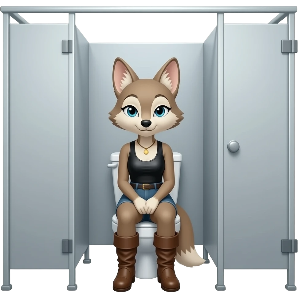 Female coyote furry person woman sitting on toilet ,close stall door,fursona emoji