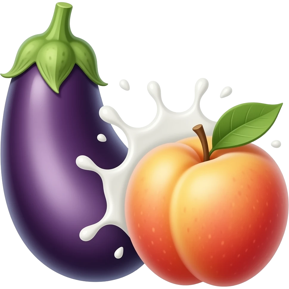 Describe eggplant splash milk peach emoji
