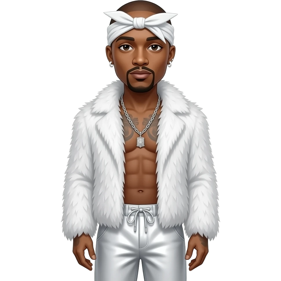 Tupac with brown eyes, bald head, white headscarf, white fur shawl, white metallic baggy pants, shirtless with necklace and earrings emoji
