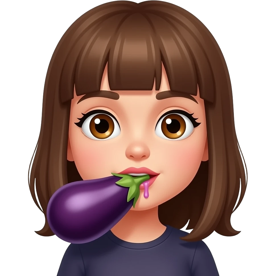 Brown haired, brown eyes Girl licking eggplant with saliva emoji
