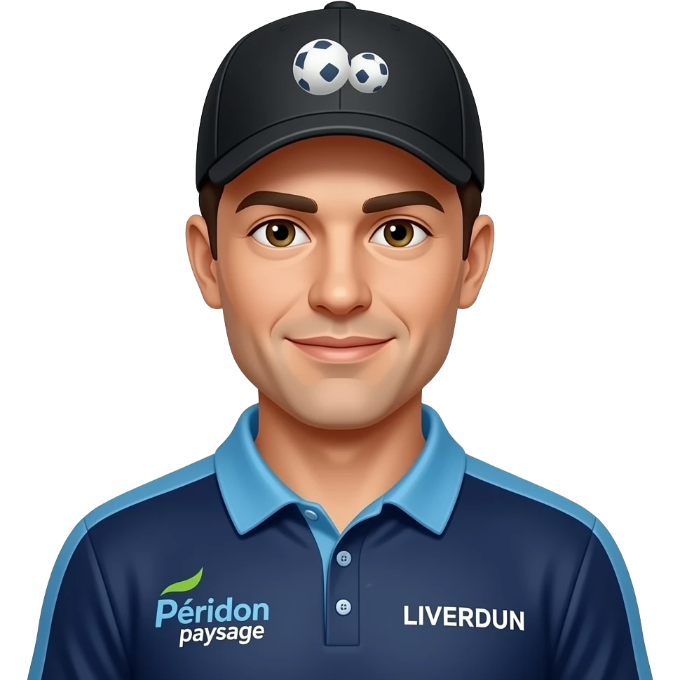 visage homme maillot bleu marine, col 2 boutons avec col et épaules seules bleu clair et logo "Péridon paysage" côté gauche LIVERDUN côté droit casquette noire  avec 2  boules pétanque emoji