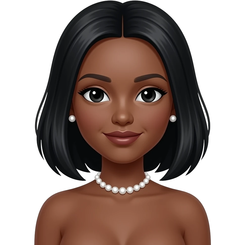 Pearl choker, Pearl earrings studs, doll eyes, Doll, big chest, dark brown skin, with middle part long medium length black  hair, black cute eyes, with cute lip, without no bra emoji