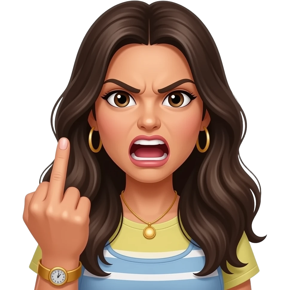 Very Angry pretty latina cussing with long hair and sticking up her middle finger emoji