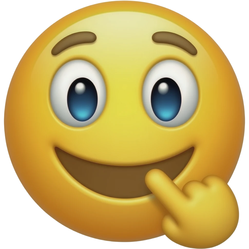 A classic 3D glossy yellow emoji face. The emoji has a playfully smirk, and is biting its own index finger in a teasing, flirty way. Clean solid white background, high-quality vector 3D render. emoji