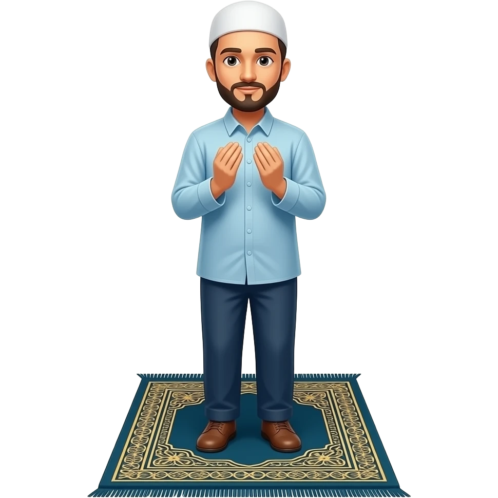 واحد مسلم واقف بيصلي صلاة المسلمين بجسم كامل قدامه سجادة الصلاه مزخرفه بالفن الاسلاميبيصلي مش بيدعي emoji