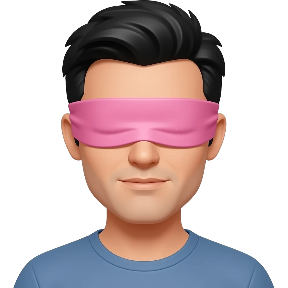 man with black hair wearing pink blindfold emoji
