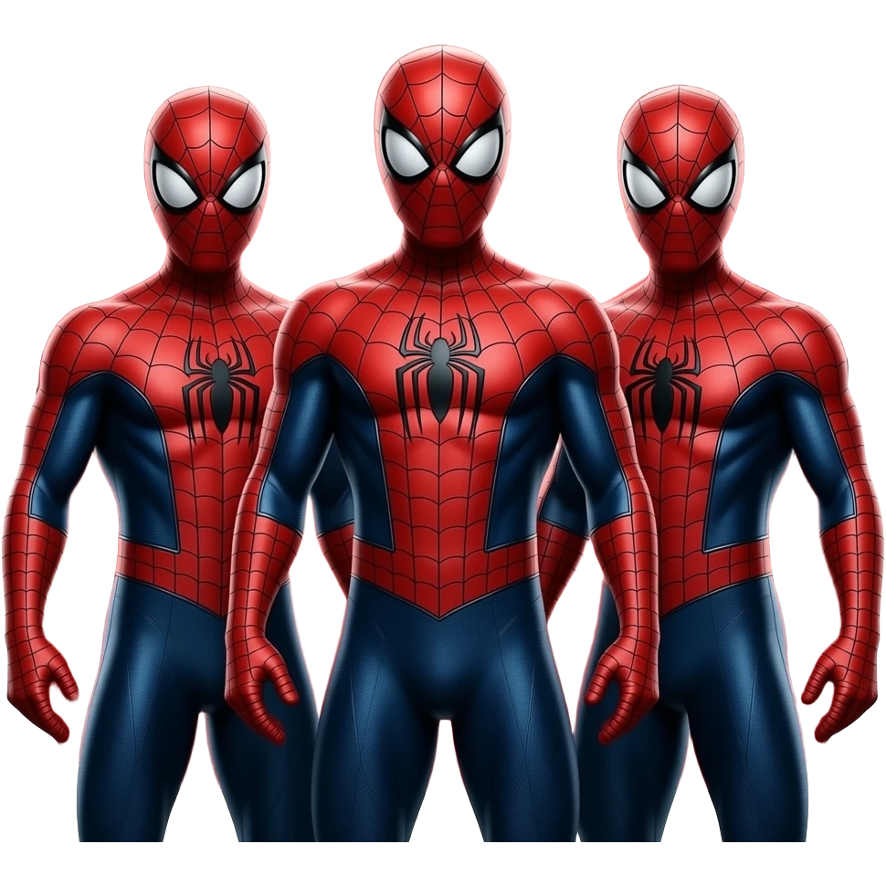 Vertical meme design, three live action spider heroes together, cinematic realistic suits, red abstract background, social media icons on top including heart, subscribe button and comment icon, TikTok style composition” emoji