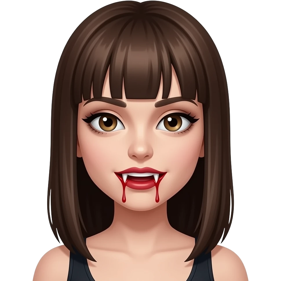 A vampire girl with straight brown hair, blood on her mouth, and fangs. emoji