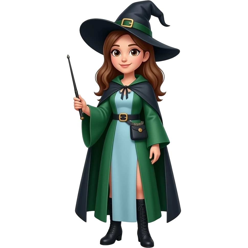 A full body White/Fair skinned woman with brown hair and brown eyes and wearing a long light Blue and forest green Witch outfit with black ankle boots and holding a plain pure black wand. emoji