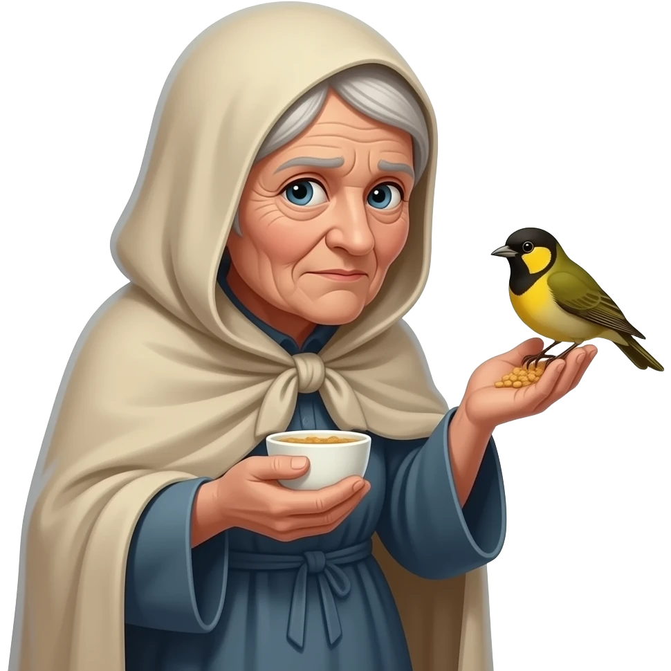 Old crooked lady with a shroud on feeding birds emoji