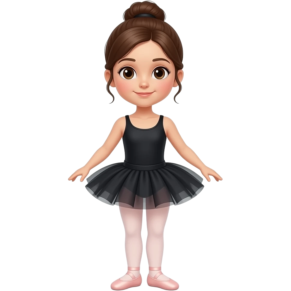 Girl ballet dancer with brown hair brown eyes in black leotard pink ballet shoes and tights in a bun emoji