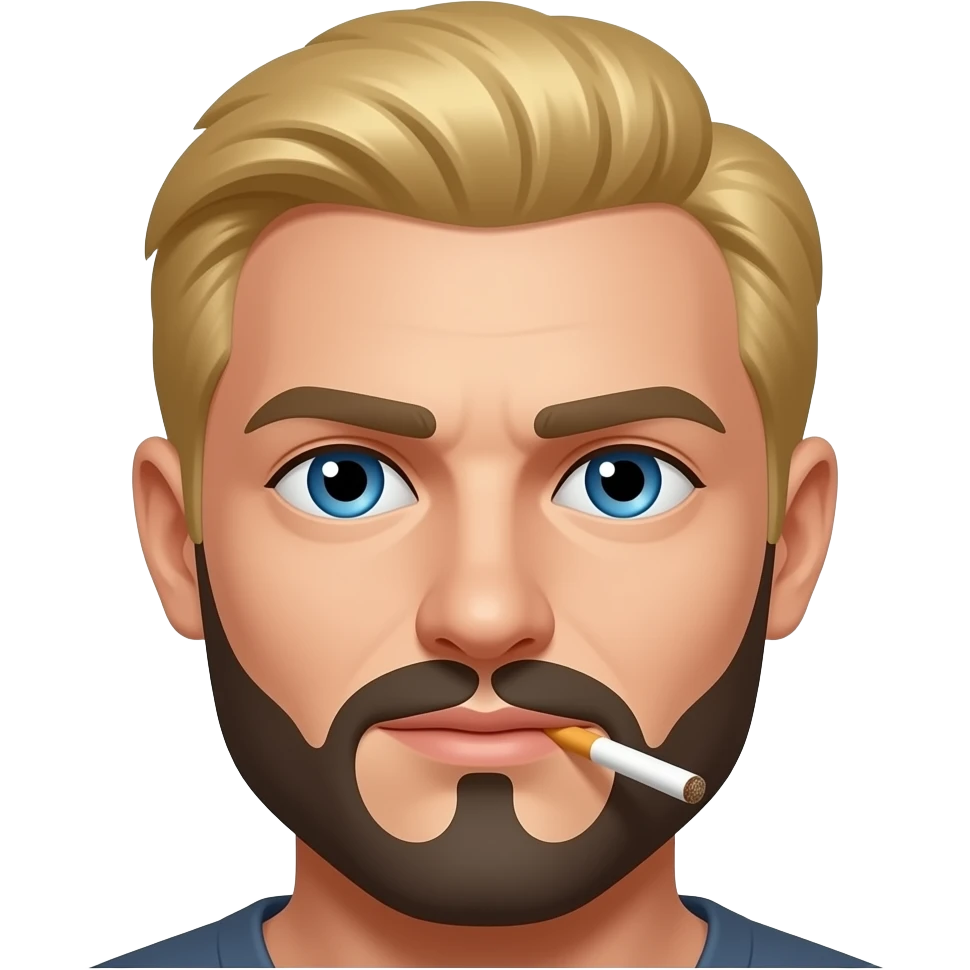 یک مرد مو بلوند با چشم های آبی با ته ریش مشکی و یک سیگار گوشه لبش emoji