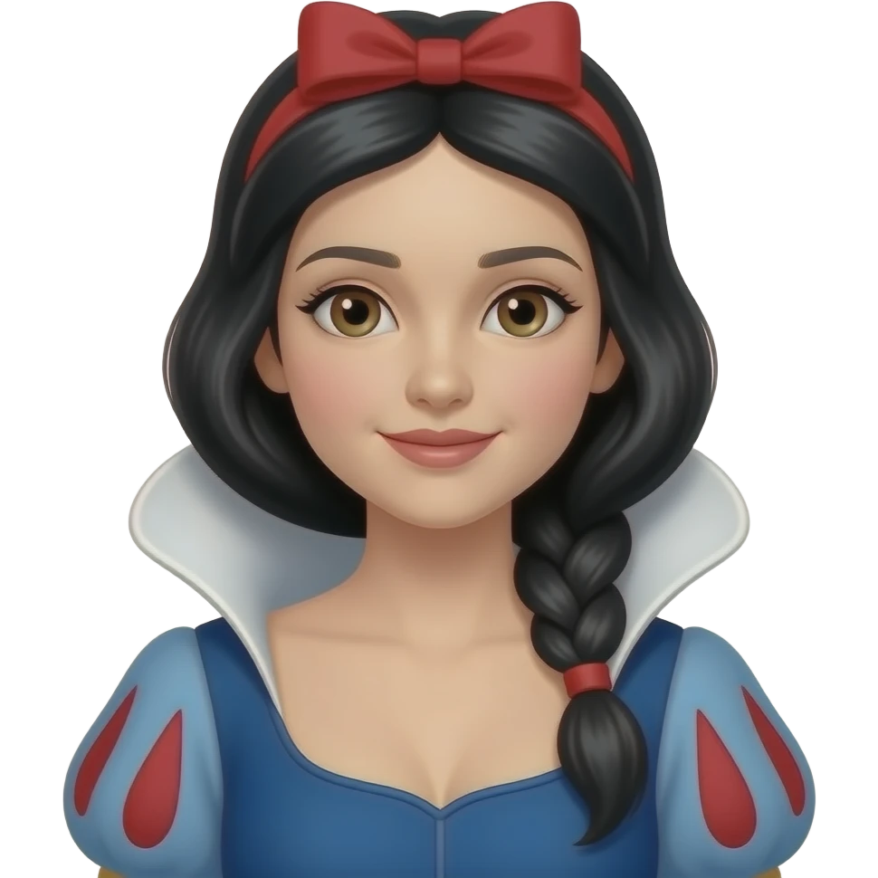 Snow White with soft young doll face feature and a long straight hair, and showing half body with cleavage emoji