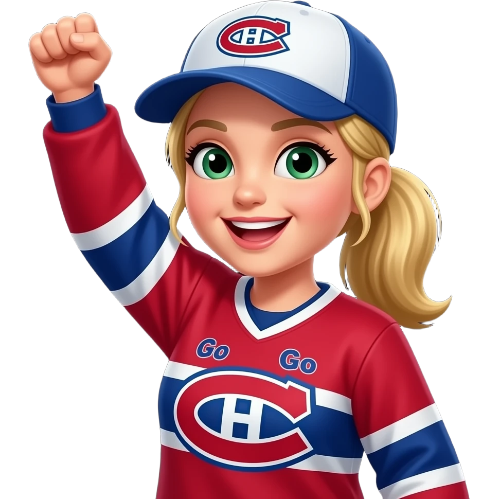Green eyed Woman Cheering with arm in the air with blonde hair with pony tail, where Montreal Canadians cap and Go Habs Go written on jersey shirt. Put a black background emoji