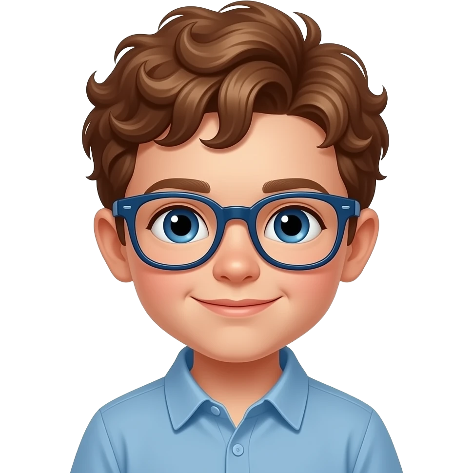 A cute Little boy 4 years old tight very tight curlswith tight curly brown auburn hair and dark blue little glasswes emoji