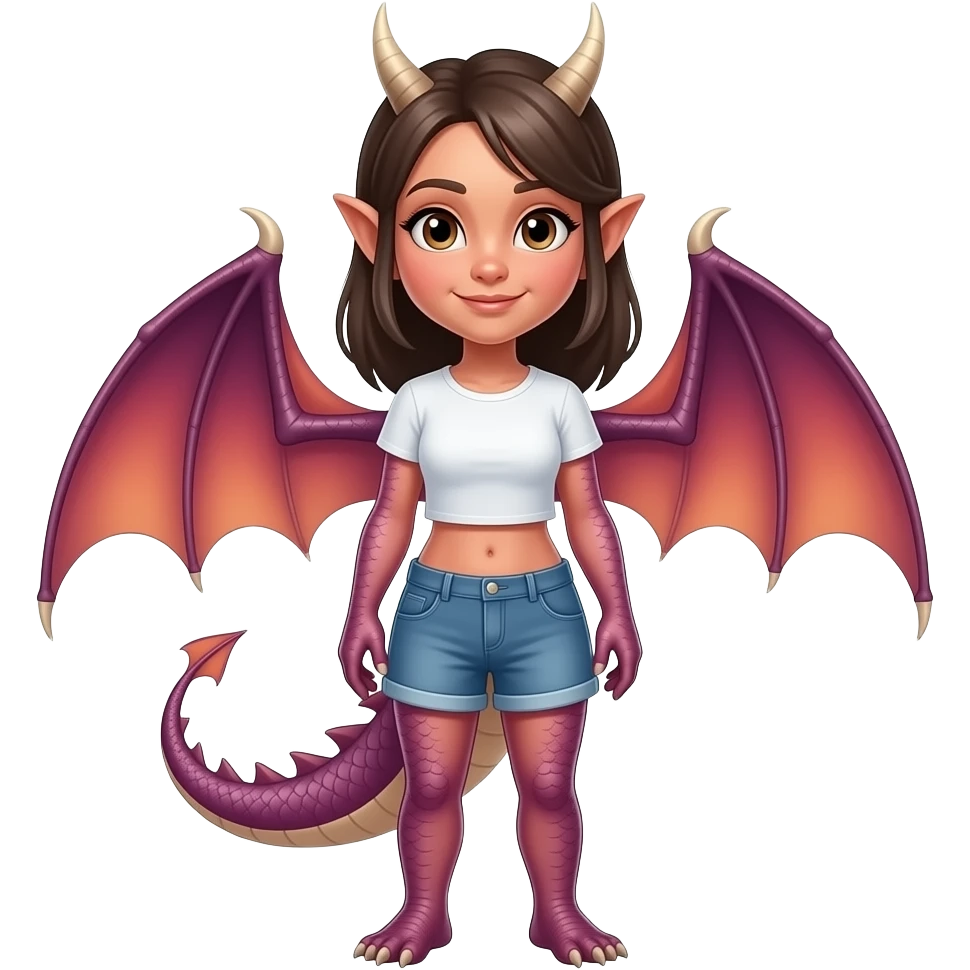 A humanoid female dragon wearing a tee shirt and shorts emoji