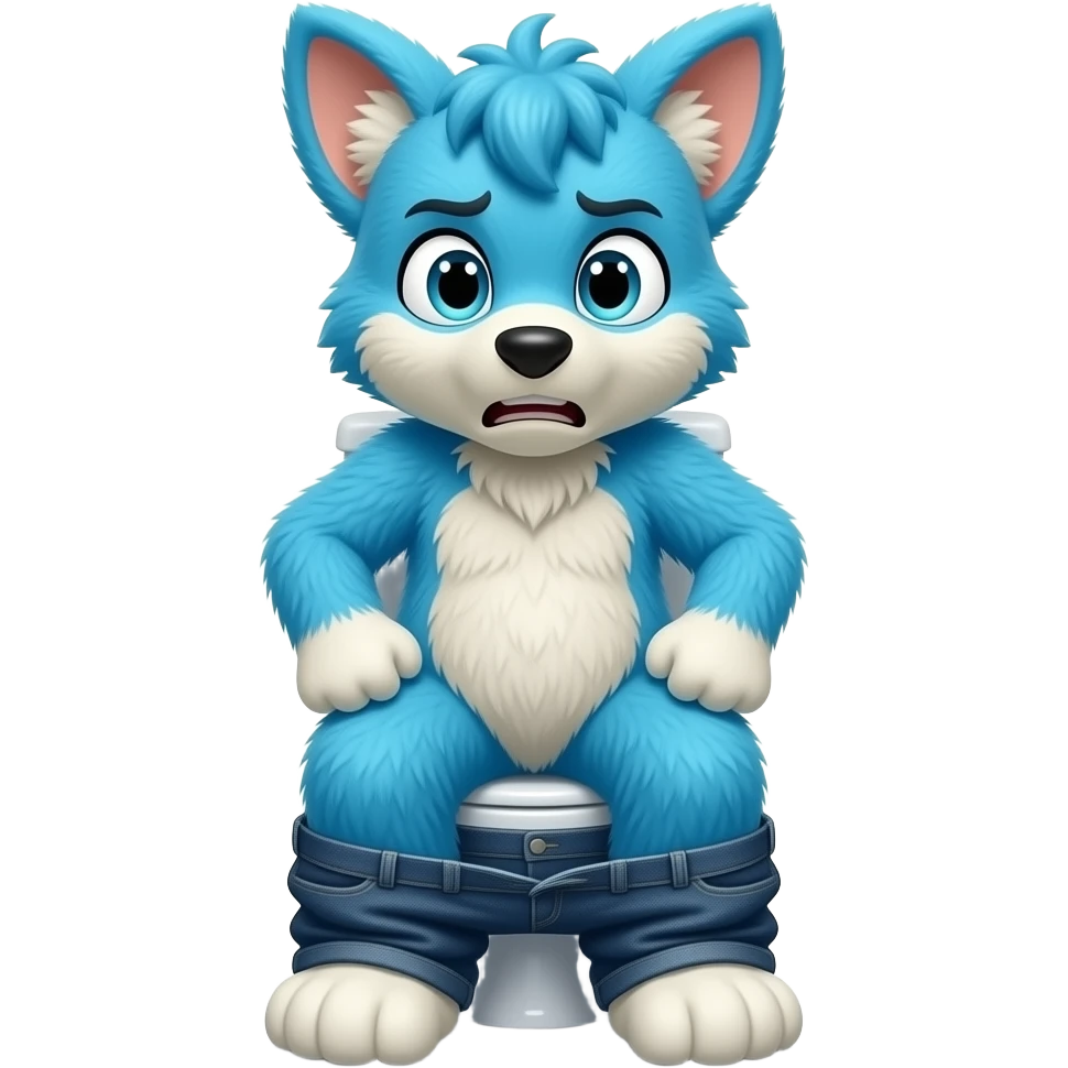 blue fursuit sitting on toilet, front view , pants down, pushing, straining face,  uncomfortable, emoji