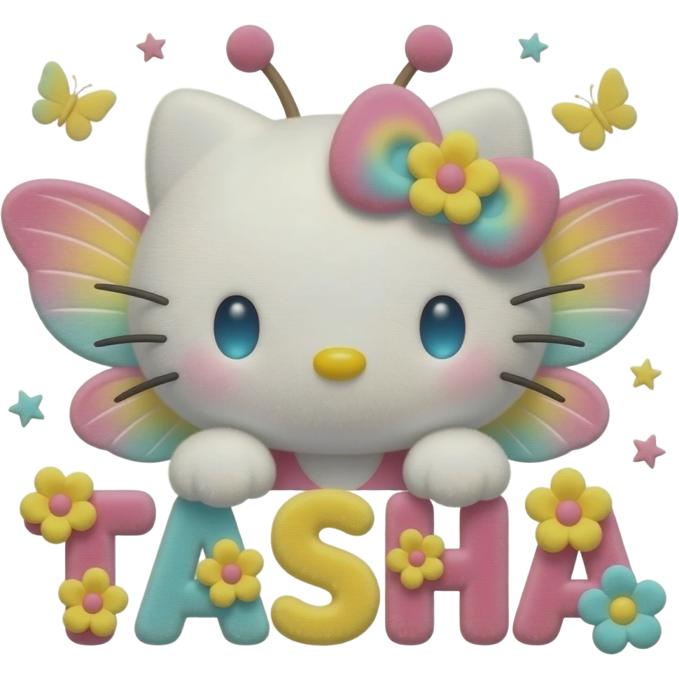 White velvety fur 3D hello kitty head, pink yellow cyan ombre 3D flower ...
