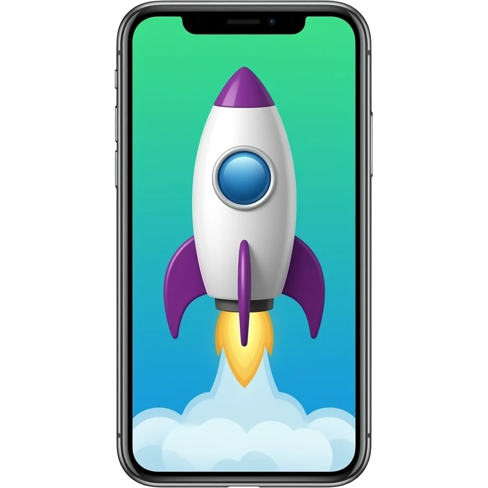 Rocket launching from a smartphone screen, 3D emoji style, vibrant green and blue, high gloss. emoji