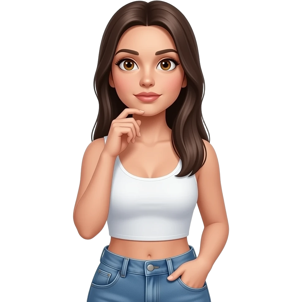Woman thinking and looking up wearing white crop top with jean pants. Brown eyes and dark blonde straight long hair. Very sexy and seducing eye look. emoji