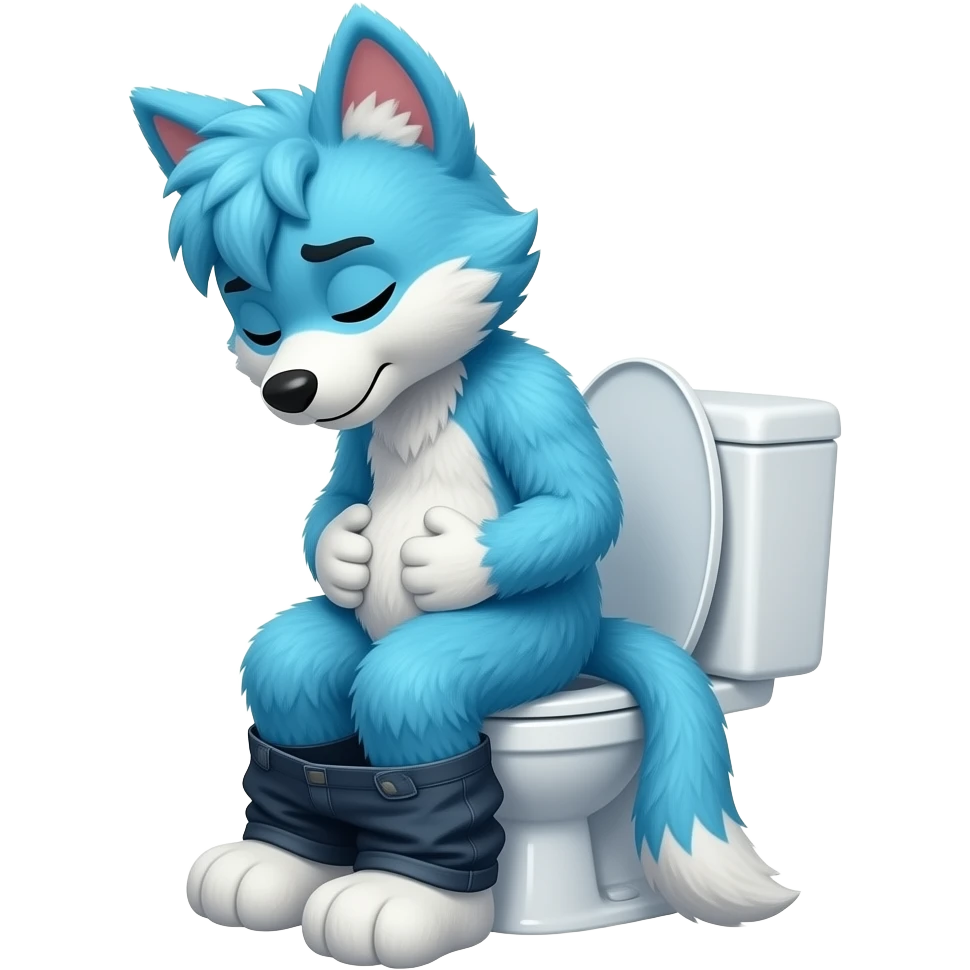 blue fursuit sitting on toilet, side view, pants down,  straining, , eyes close, hands on stomach emoji