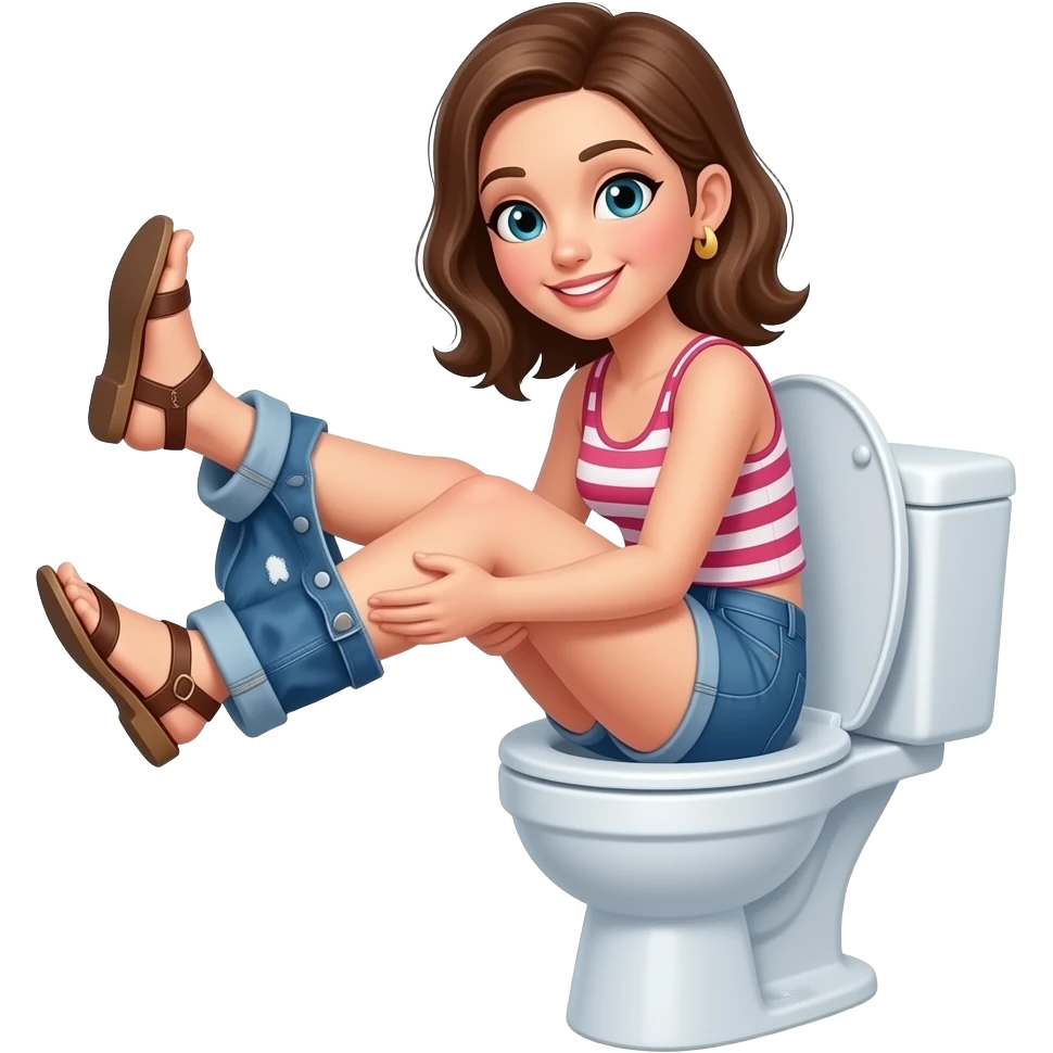 Woman on toilet raising her feet with sandals emoji